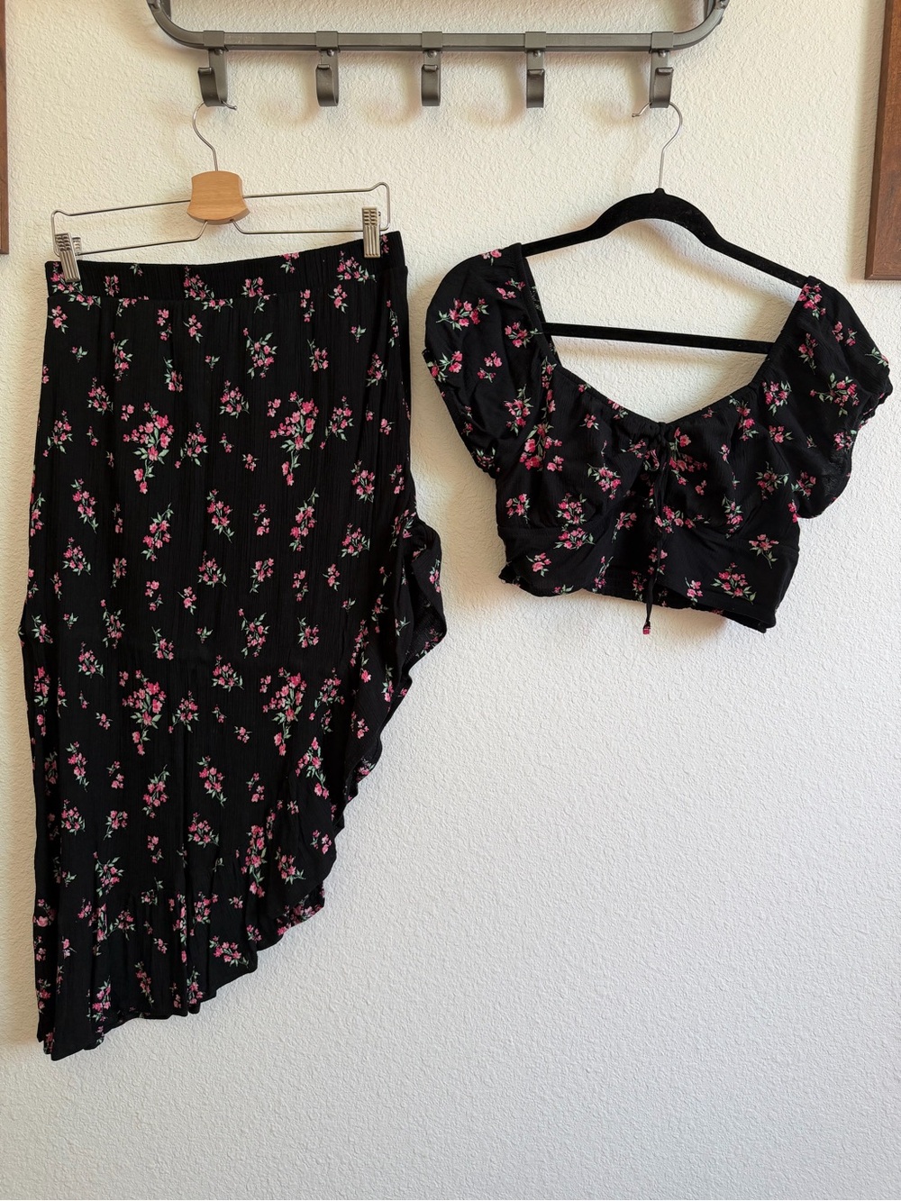 No Boundaries Black Asymmetrical Skirt with Pink Floral Print